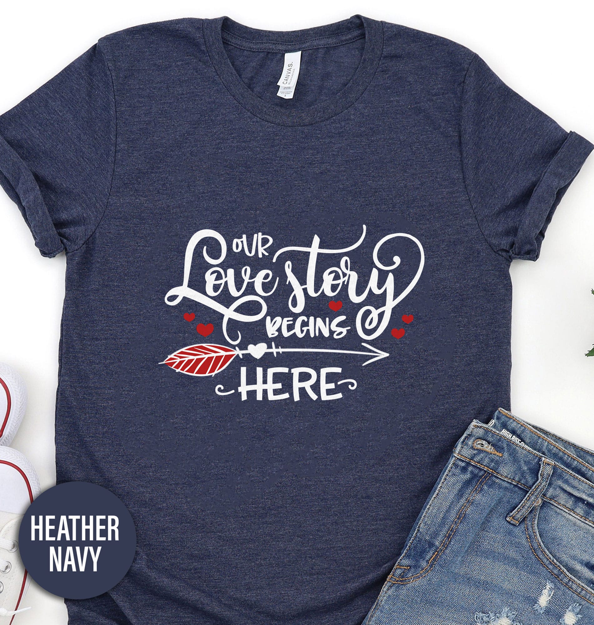 Our Love Story Begins Here Calligraphy Valentines Day T Shirt