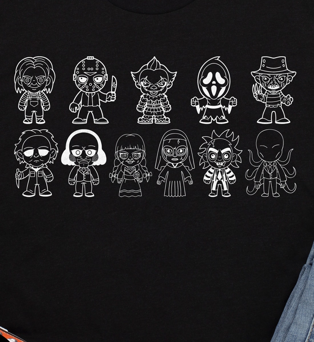 Black Outline Horror Characters Sporty Halloween T-shirt