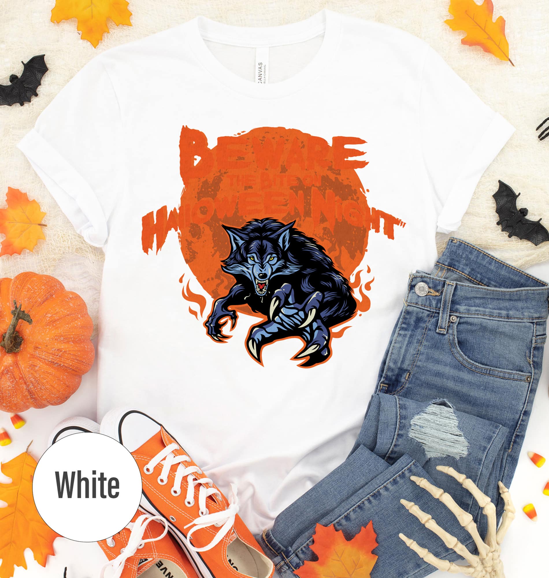 Spooky Wolf Night Halloween Tee - Orange