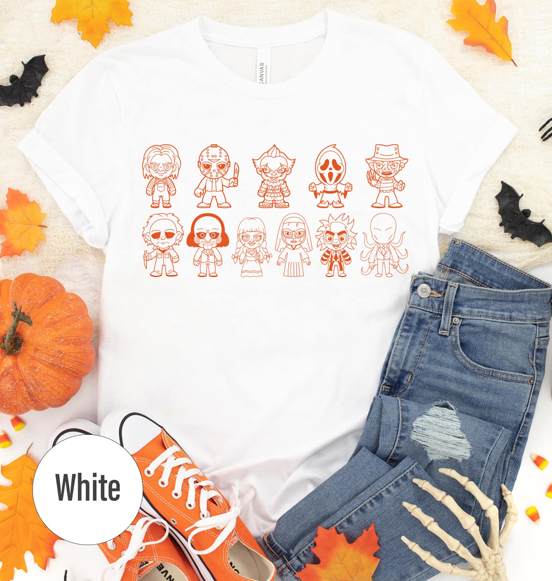 Black Outline Horror Characters Sporty Halloween T-shirt