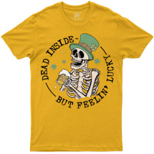 St. Patrick's Day Skeleton Humor Graphic Tee - 'dead Inside But Feeling Lucky'
