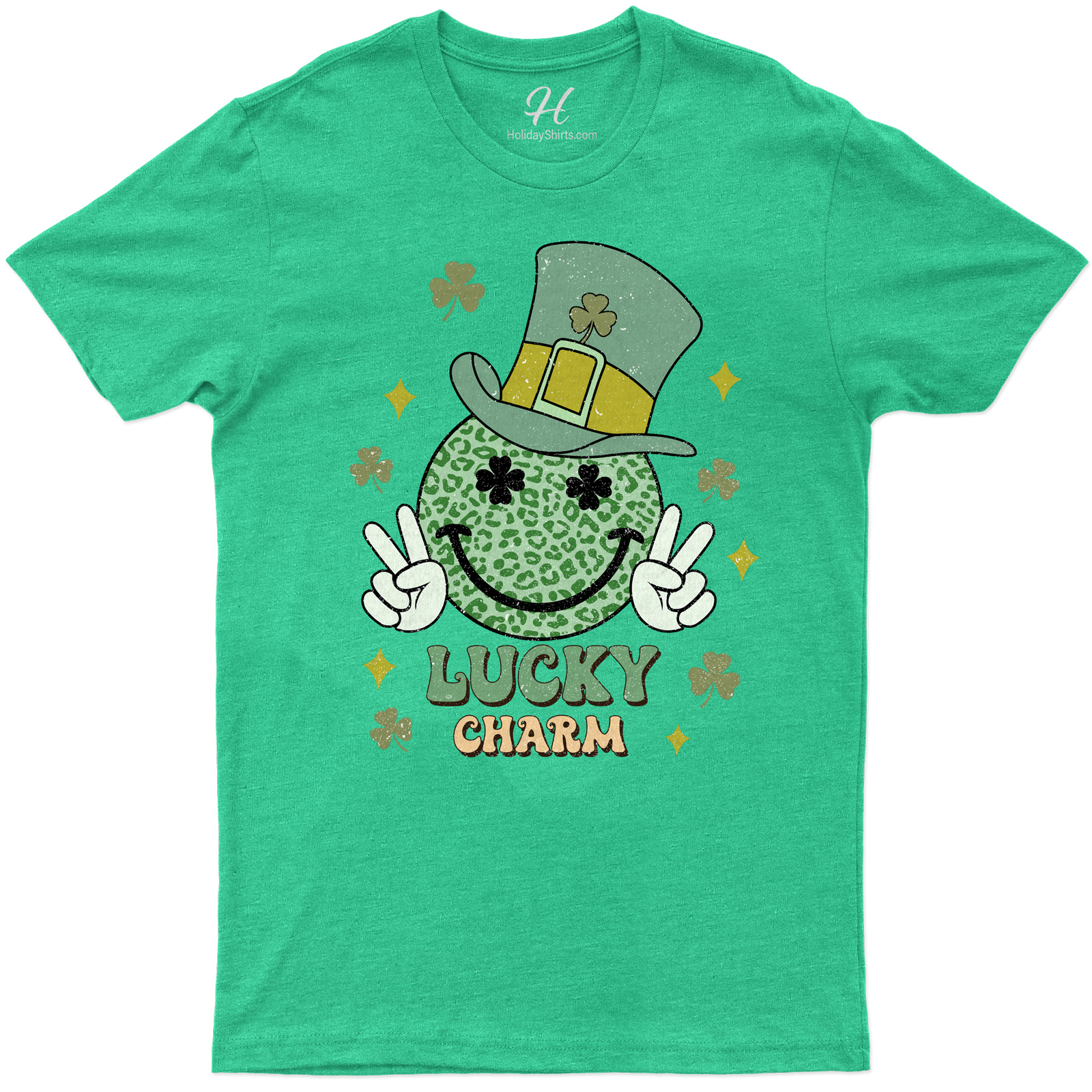 Festive Lucky Charm Smiley Face St. Patrick's Day Tee With Hat And Clover Accents