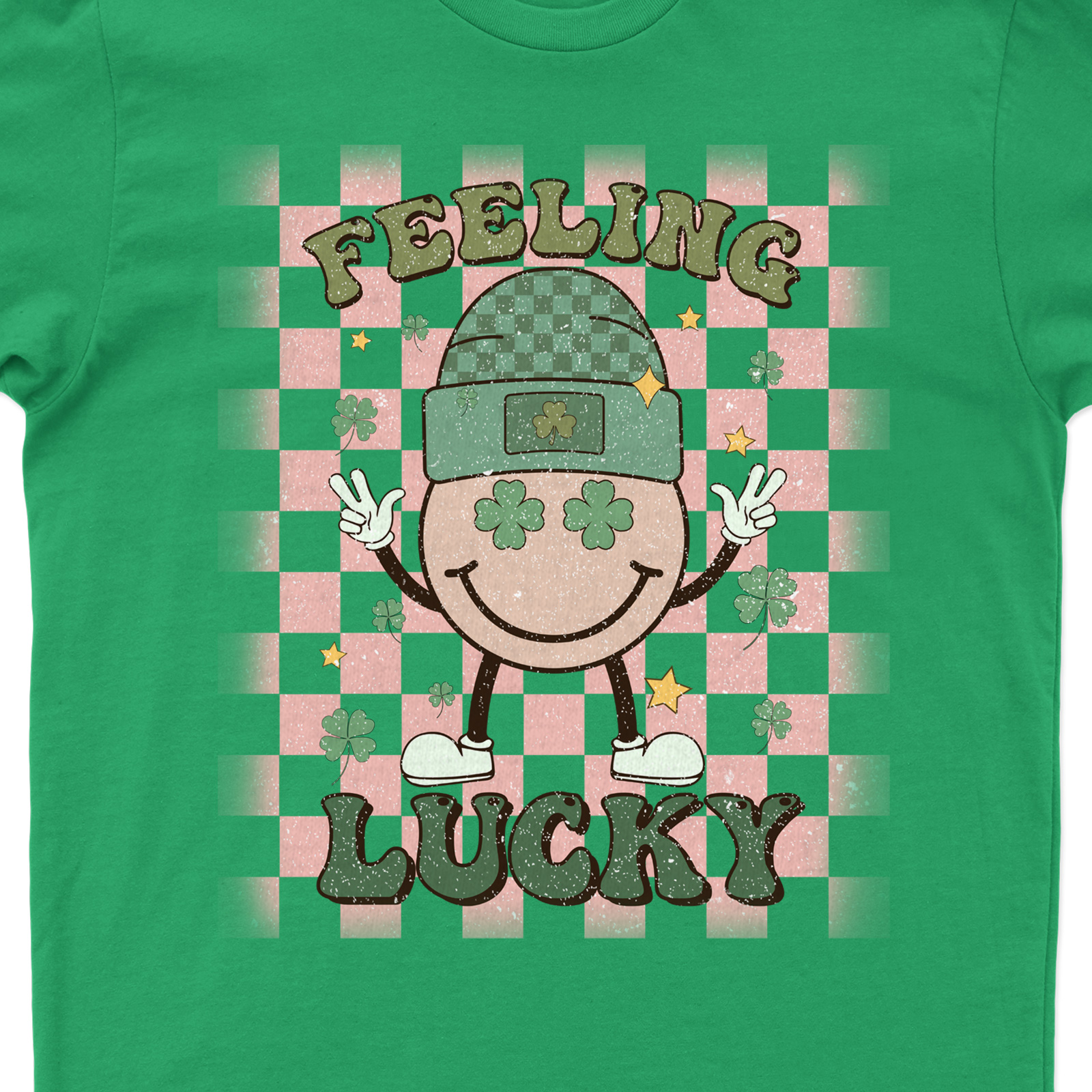 Feeling Lucky Festive Holiday Tee With Smiling Character And Shamrock Accents