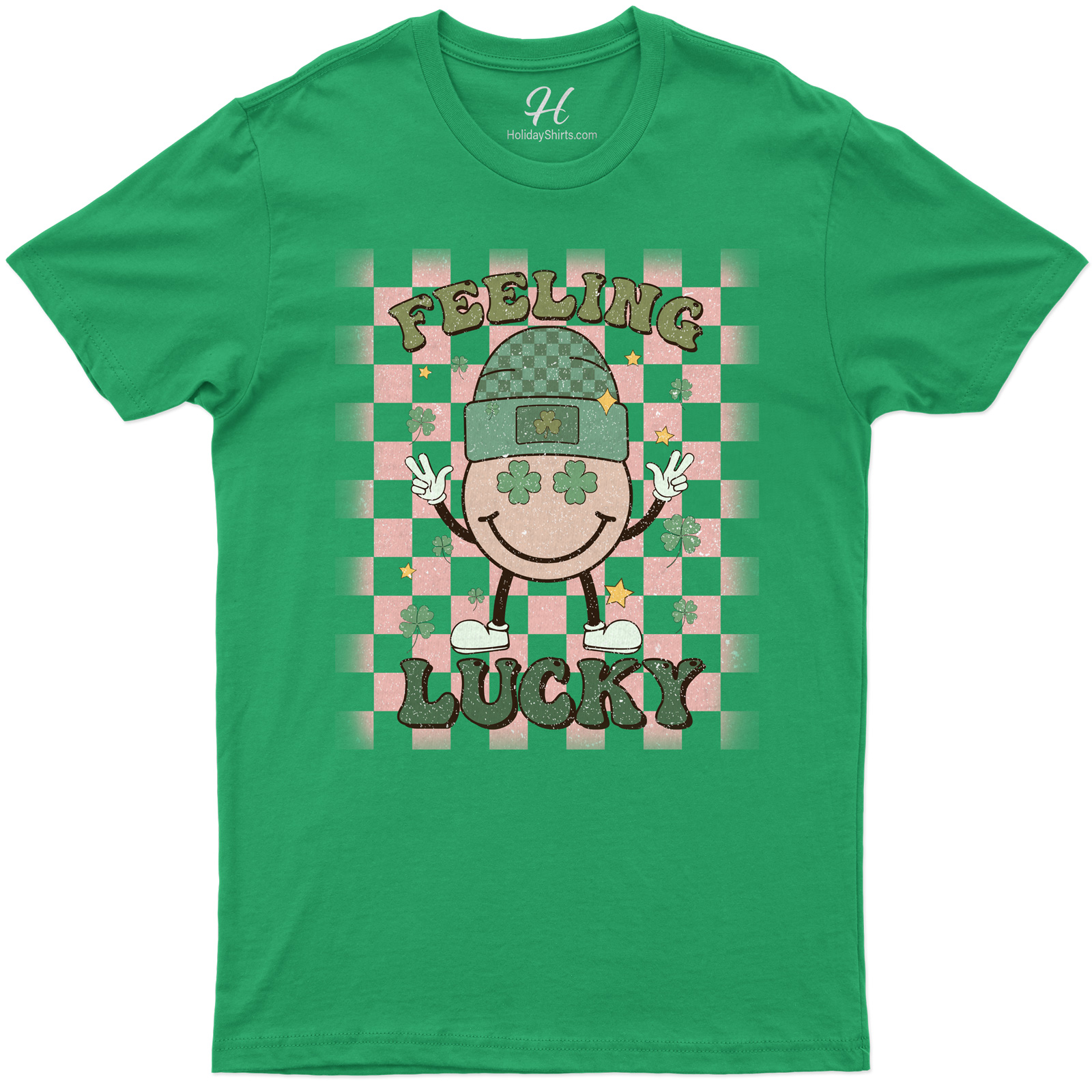 Feeling Lucky Festive Holiday Tee With Smiling Character And Shamrock Accents