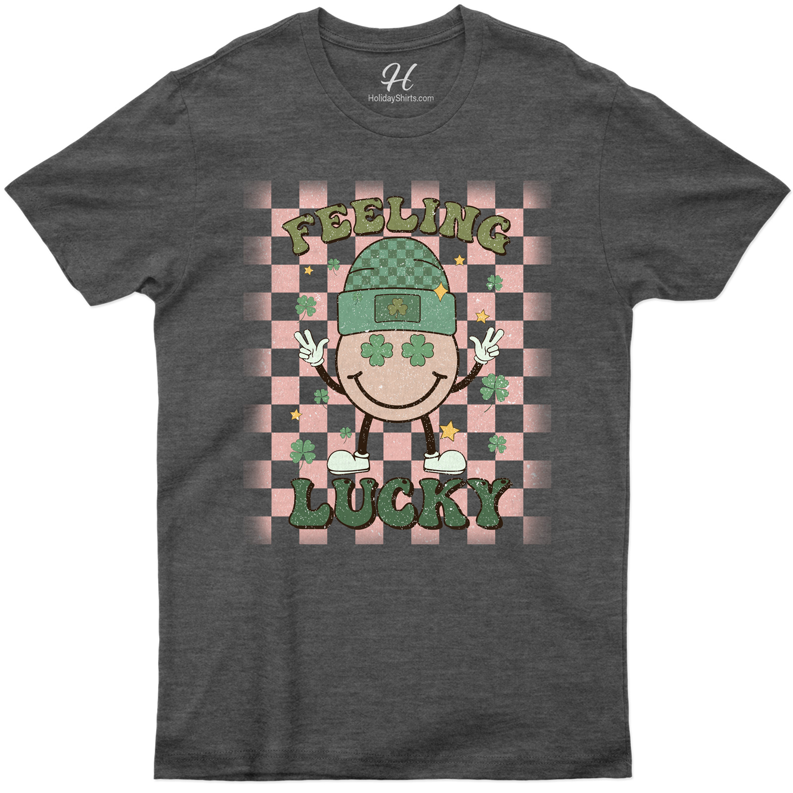 Feeling Lucky Festive Holiday Tee With Smiling Character And Shamrock Accents