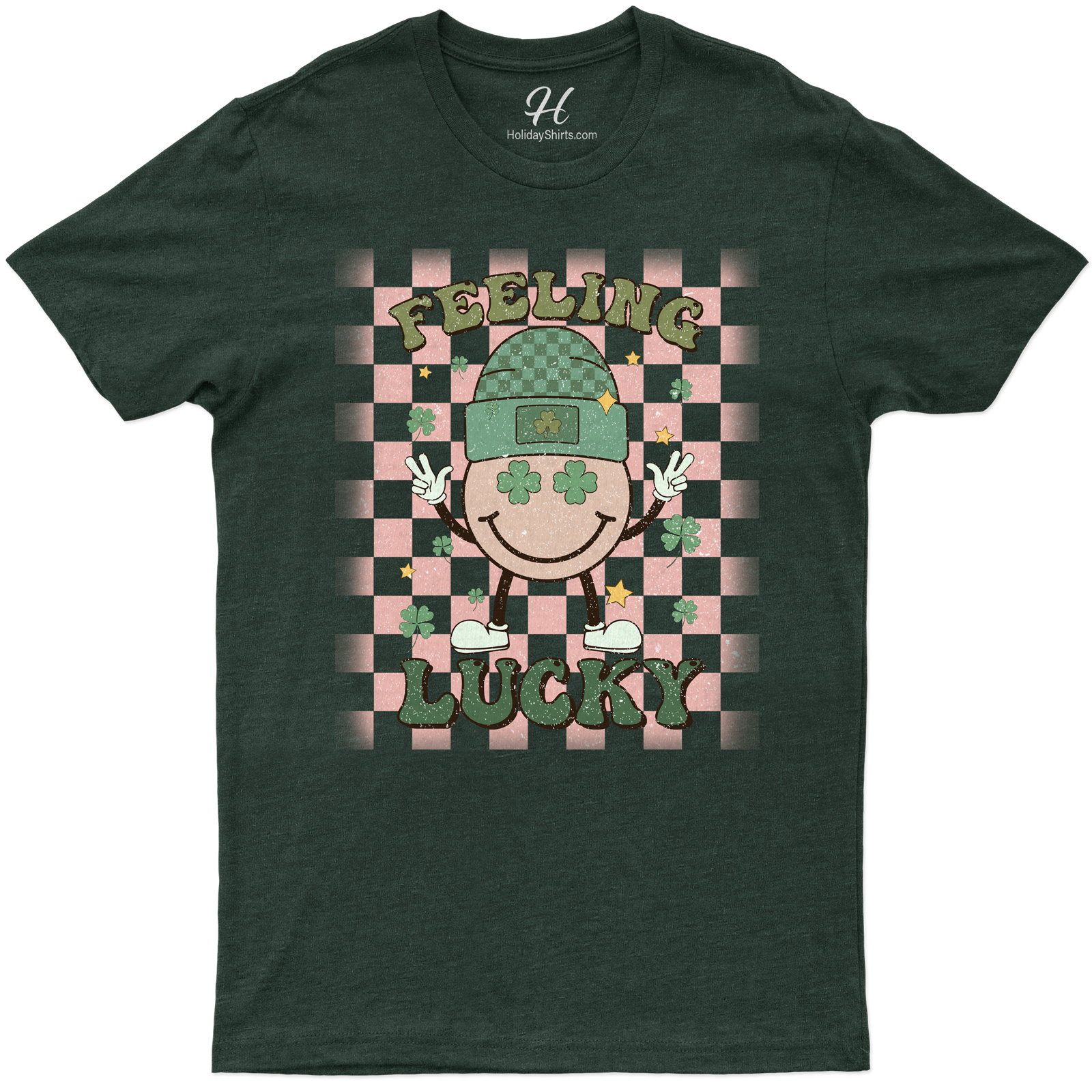 Feeling Lucky Festive Holiday Tee With Smiling Character And Shamrock Accents