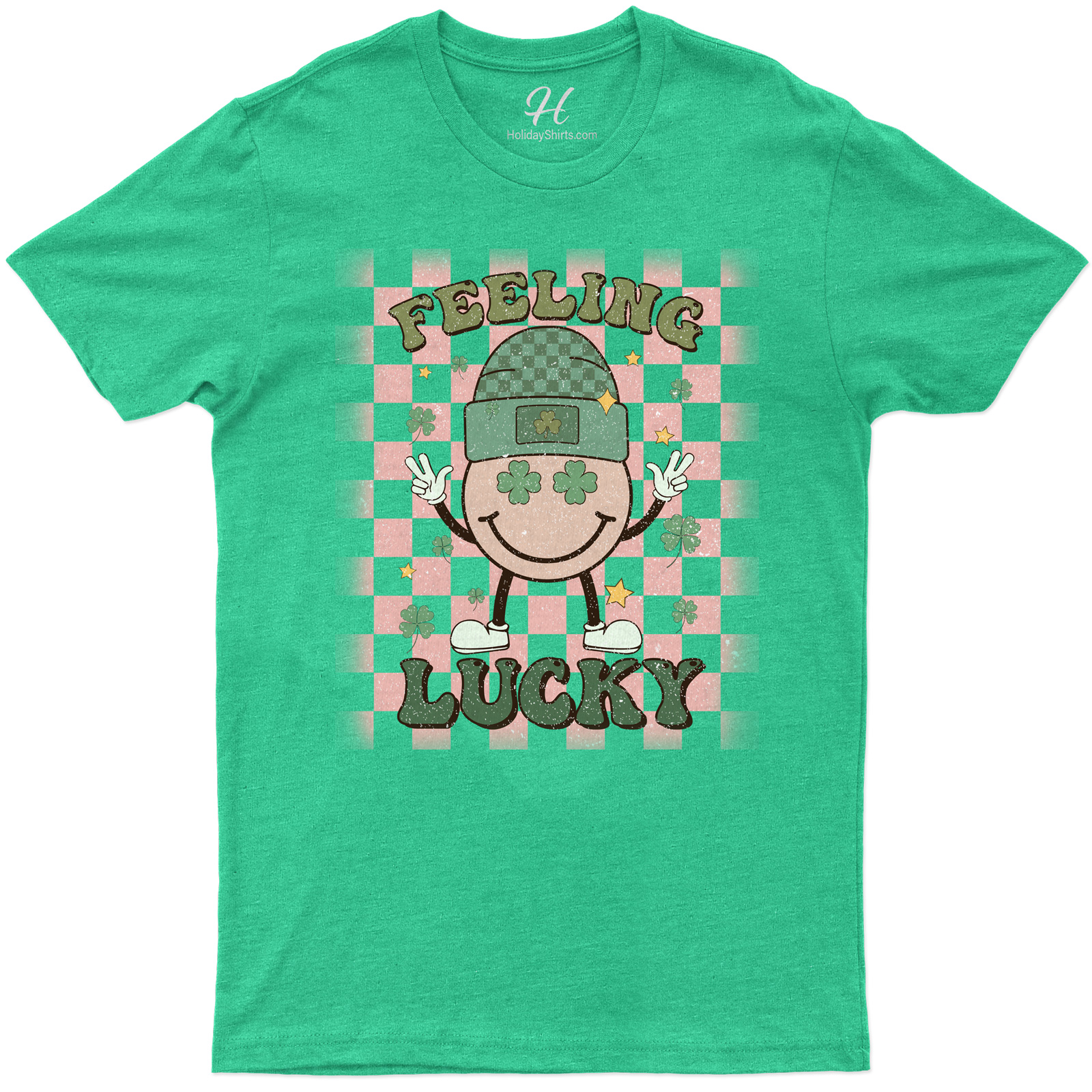 Feeling Lucky Festive Holiday Tee With Smiling Character And Shamrock Accents