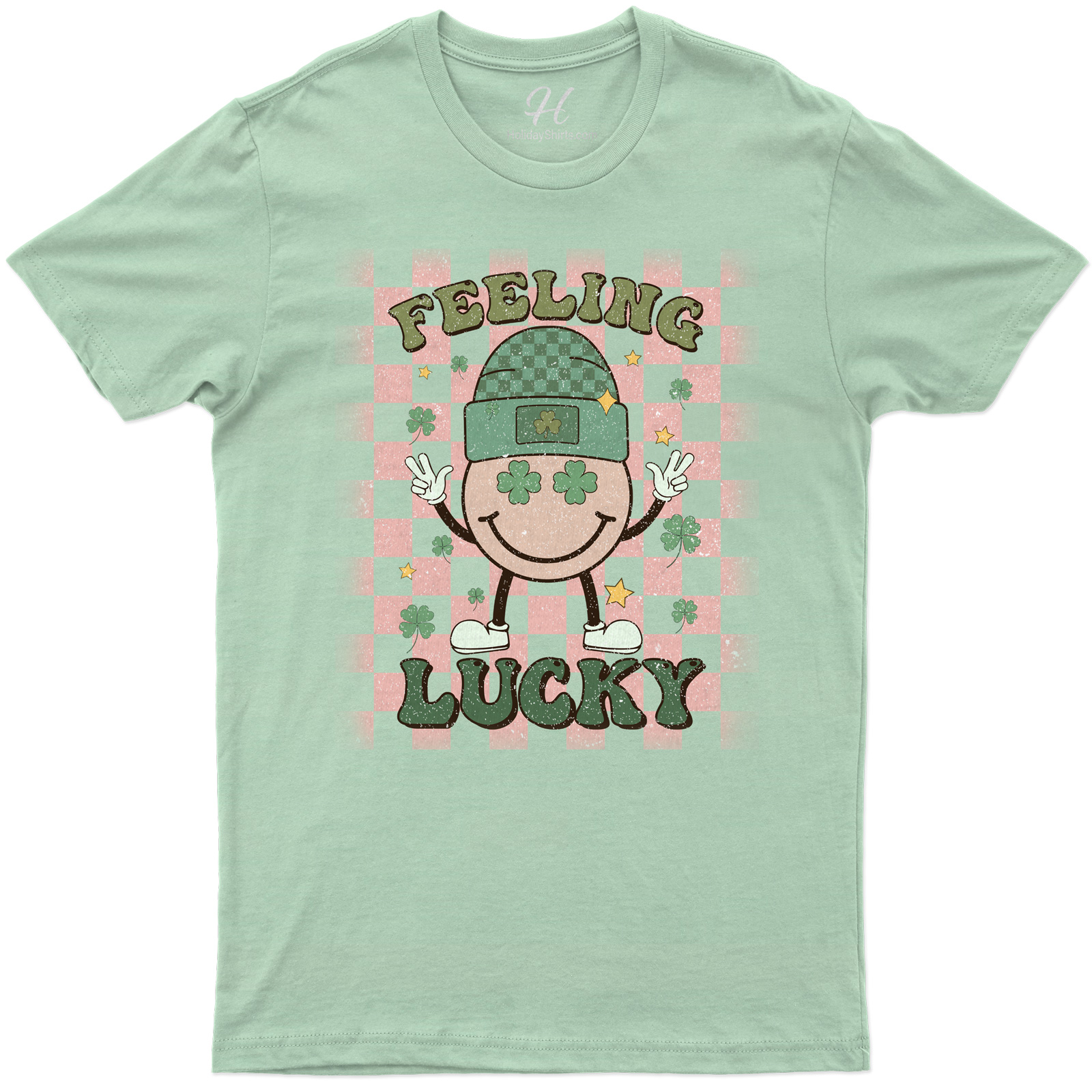 Feeling Lucky Festive Holiday Tee With Smiling Character And Shamrock Accents