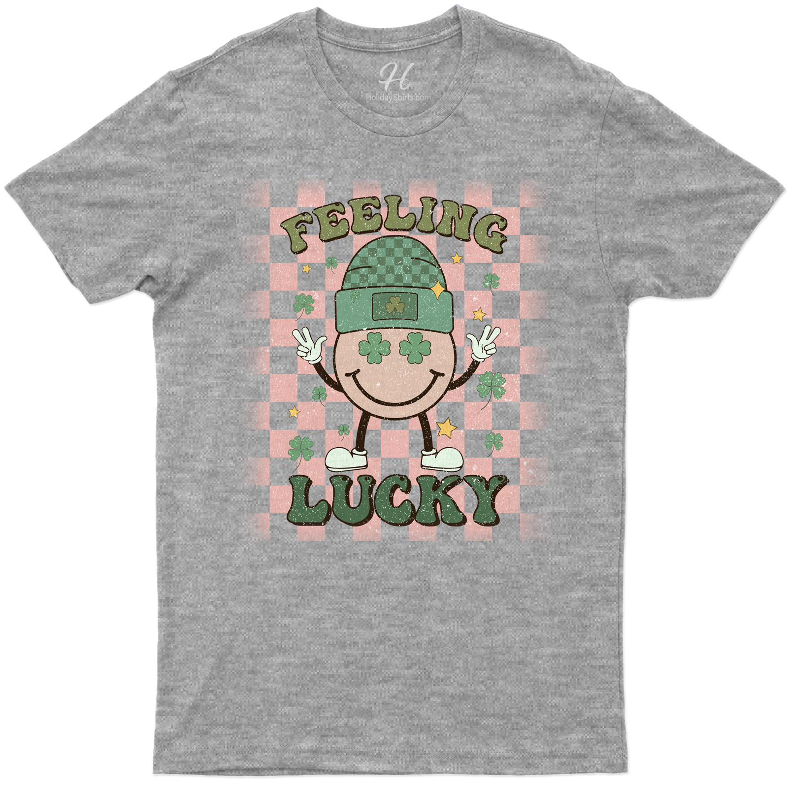 Feeling Lucky Festive Holiday Tee With Smiling Character And Shamrock Accents