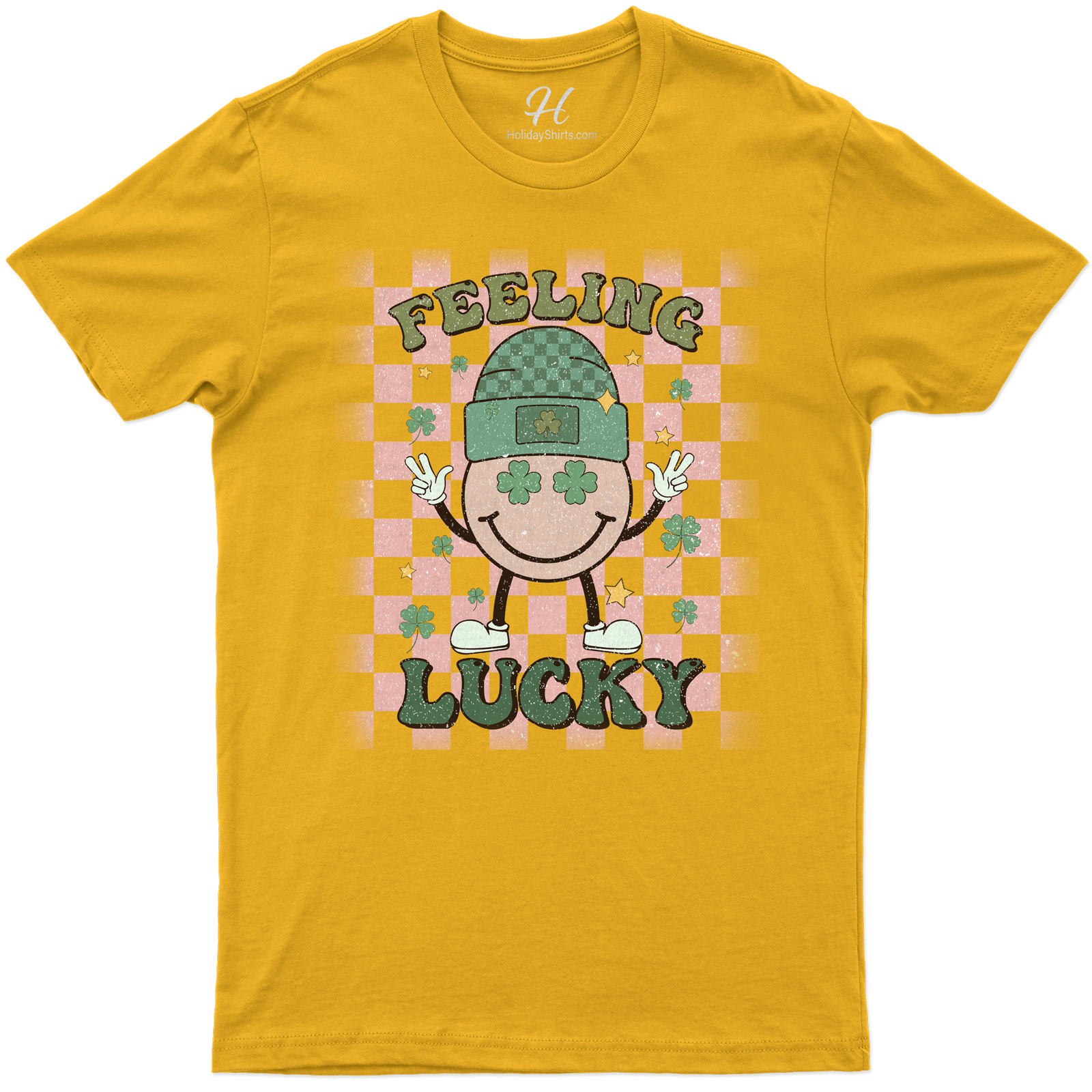 Feeling Lucky Festive Holiday Tee With Smiling Character And Shamrock Accents