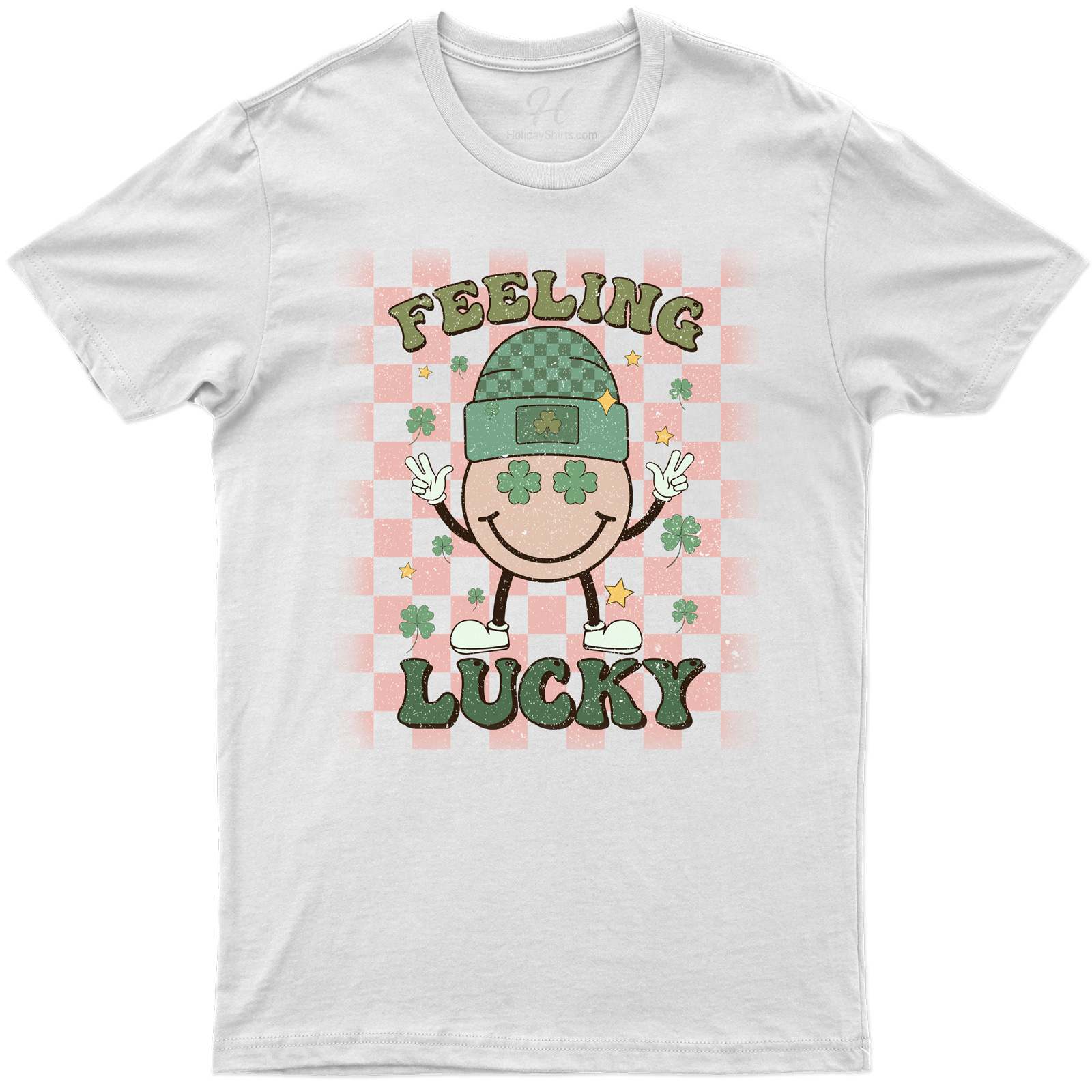 Feeling Lucky Festive Holiday Tee With Smiling Character And Shamrock Accents